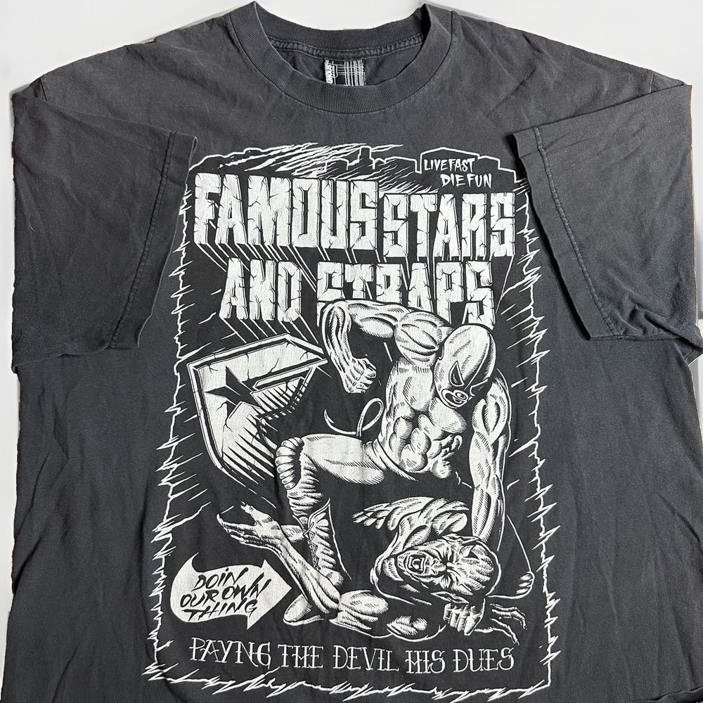 Vintage Y2K Famous Stars Straps Shirt Mens XL Black Live Fast Paying Devil Dues